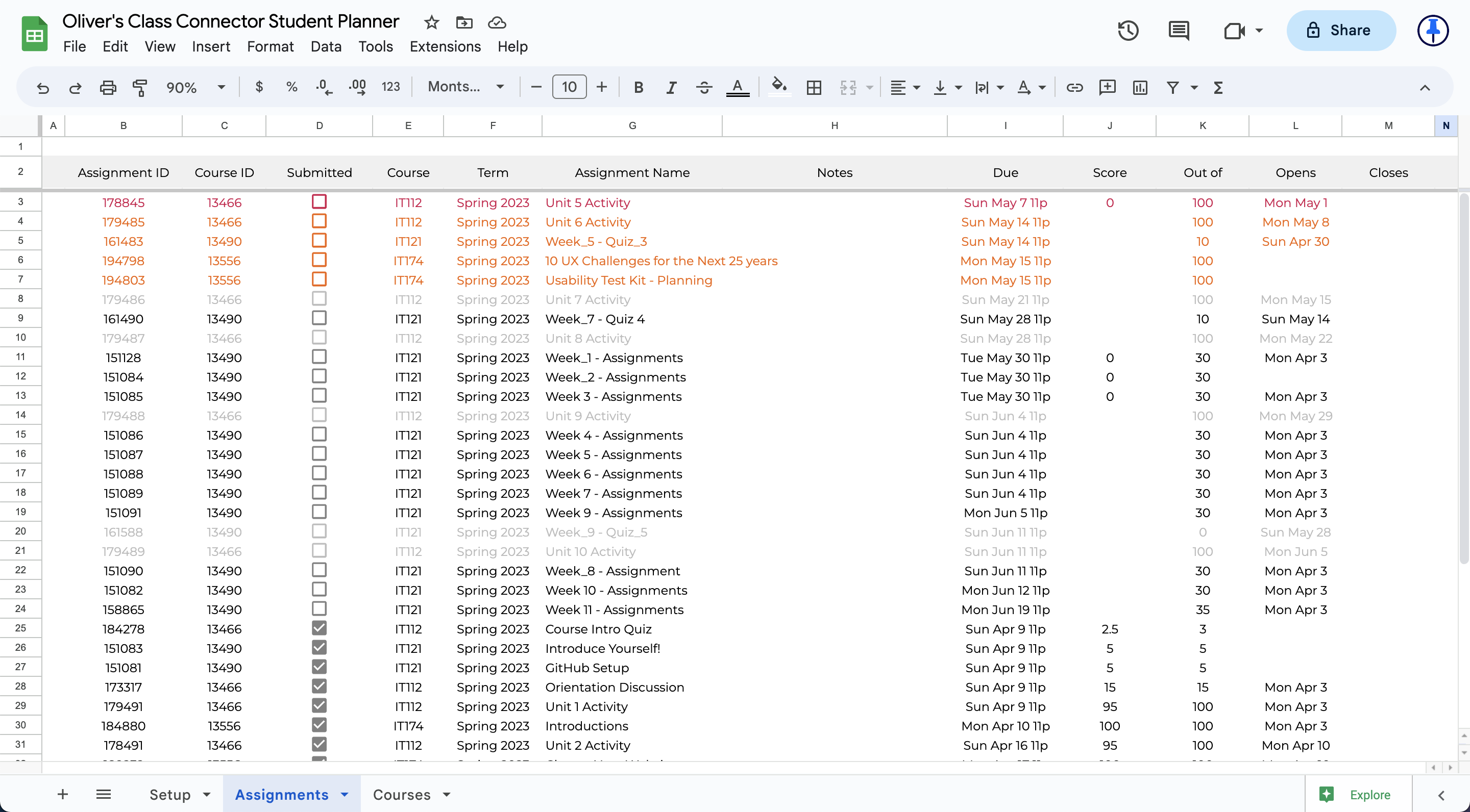 assignments sheet
