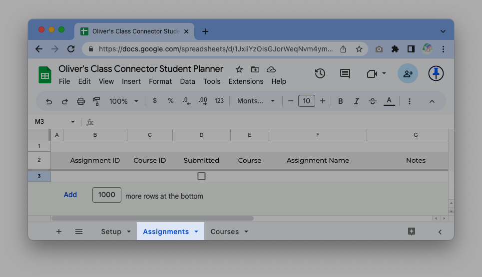 assignments sheet tab